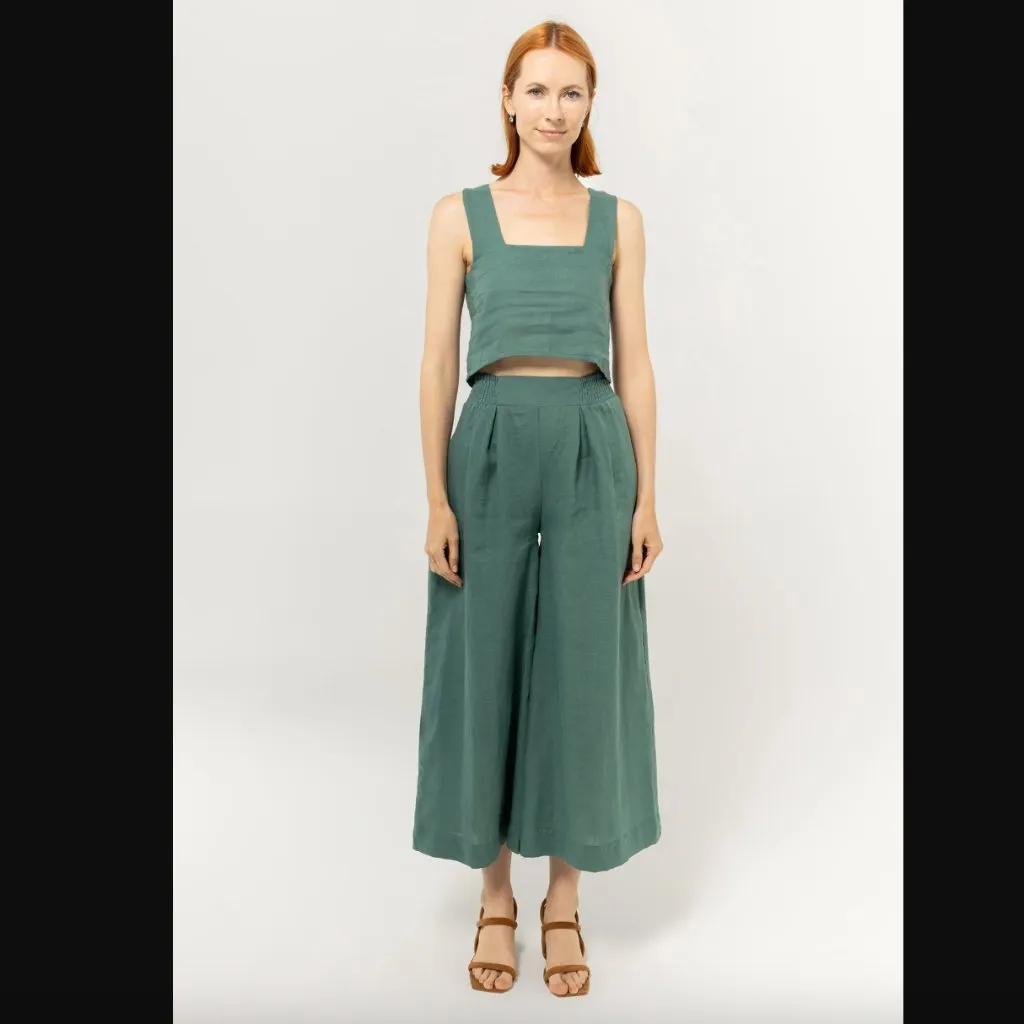 Bel Kazan Larkin Button Back Top + Atlas Gaucho Pants Linen 2pc Coord Set XS Blue - Image 3