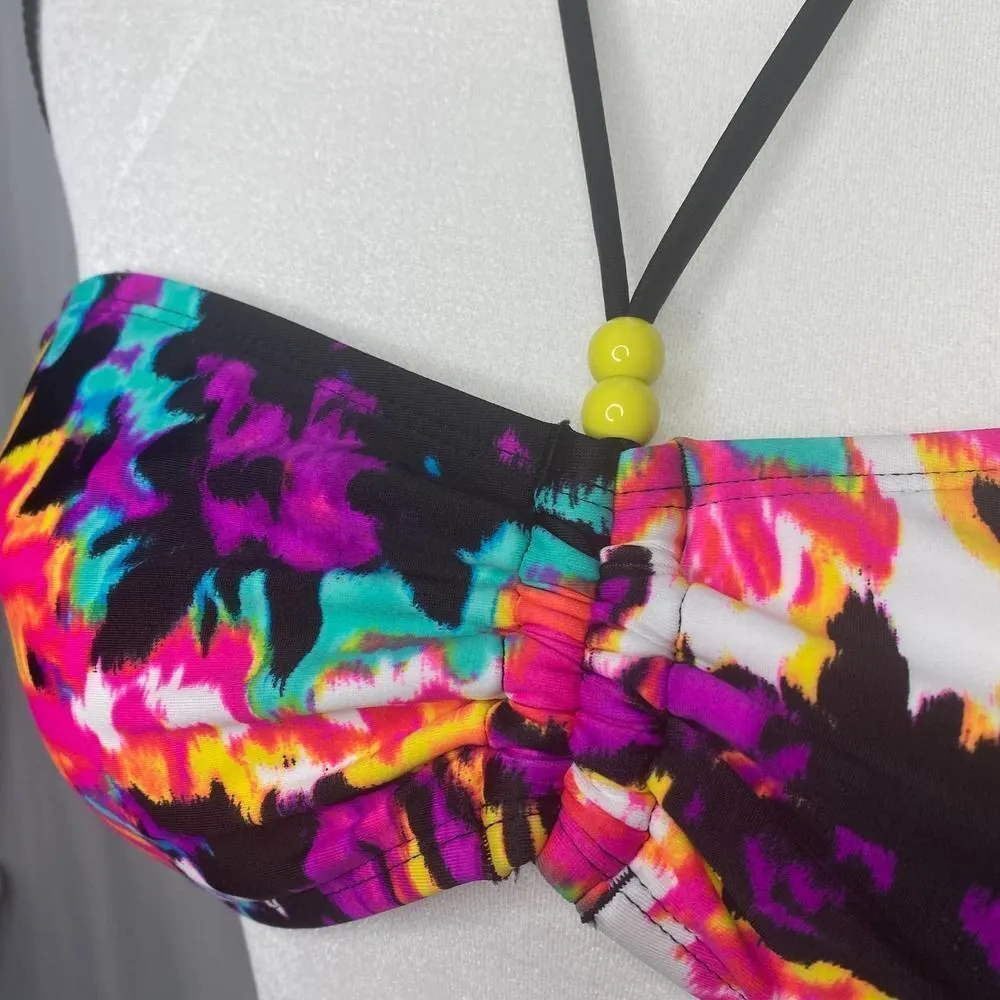 Hobie Padded Halter Beaded Watercolor Tie Back Bikini Swim Top XL Black Pink - Image 2