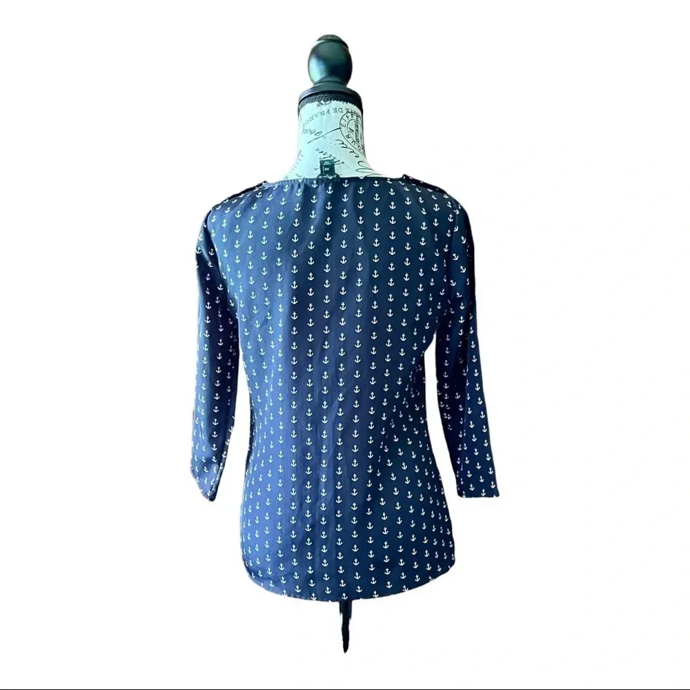 J.Crew Blue Anchor Print Blouse XXS | Nautical Coastal Preppy 3/4 Sleeve Top - Image 4