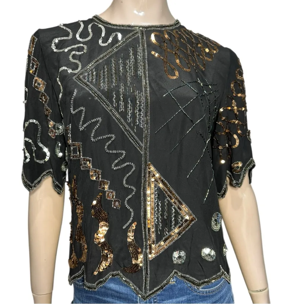 Argenti Vintage Women’s M Black Silk Multi Color Beaded Sequin Party Evening Top Size M - Image 2