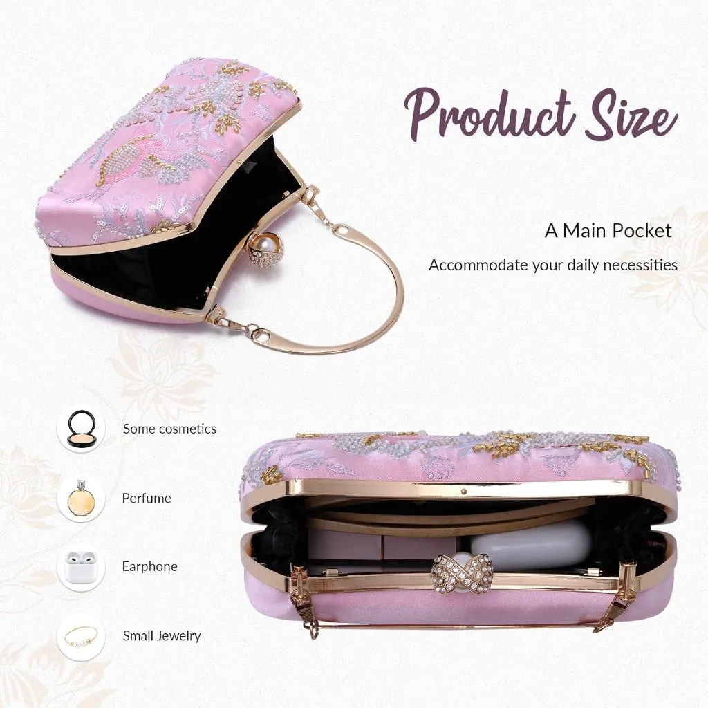 ⚡ Women's Floral Sequin Light Pink Embroidery Evening Beaded Clutch Handbag - Image 5
