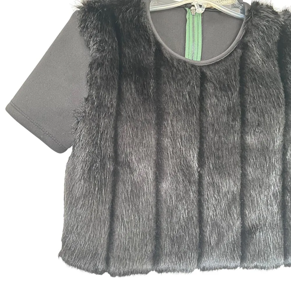 Katharine Kidd Black Scuba Faux Fur Short Sleeve Crewneck Crop Top Size 0 - Image 4