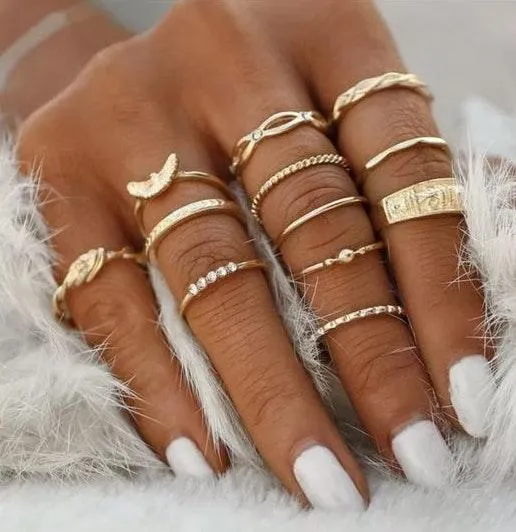12Pc Gold Tone Boho Style Stack Ring Set - Image 2
