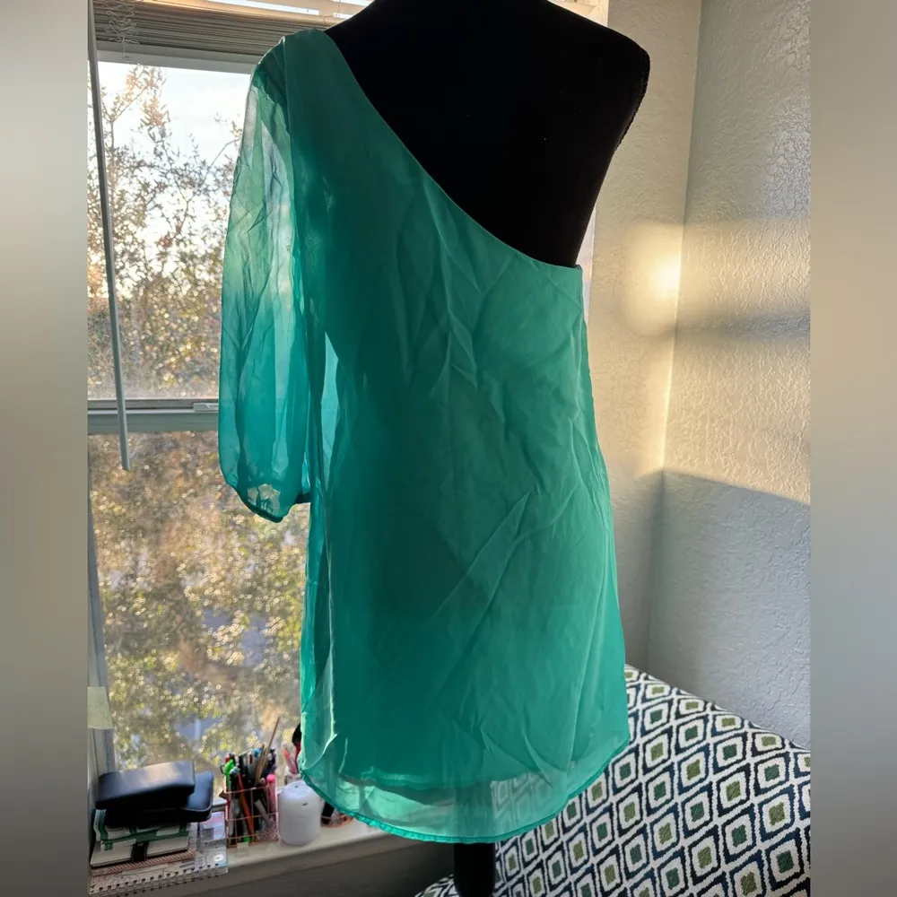 “Asymmetrical chiffon blouse in turquoise green, elegant and light design - Image 6
