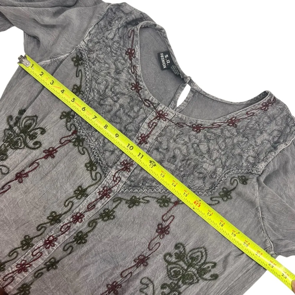 S.R. Fashion Gray Stone Wash Boho Floral Embroidery Button Front Maxi Dress Size XXL - Image 5