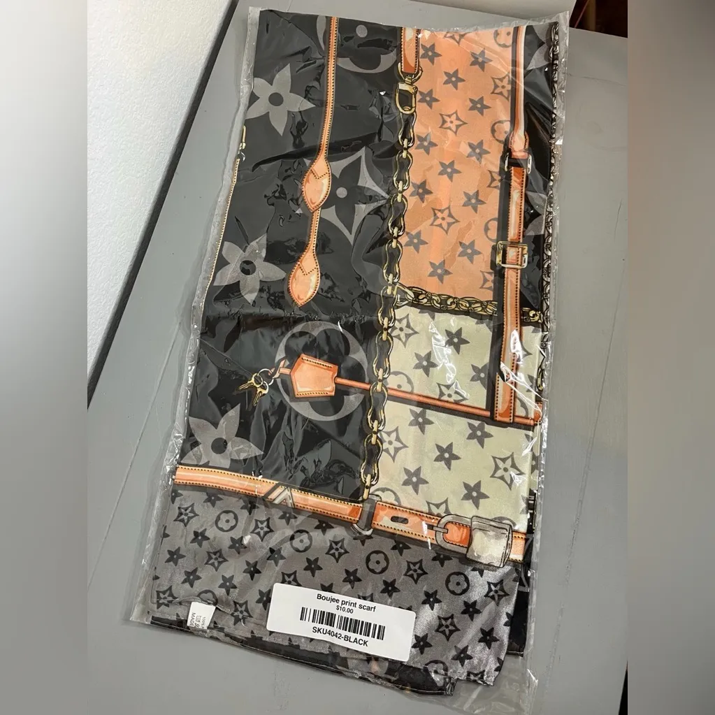 Chic Silk Feel Scarf Belt & Chain Print Black Beige Gold Pattern Elegant Square Orange - Image 2