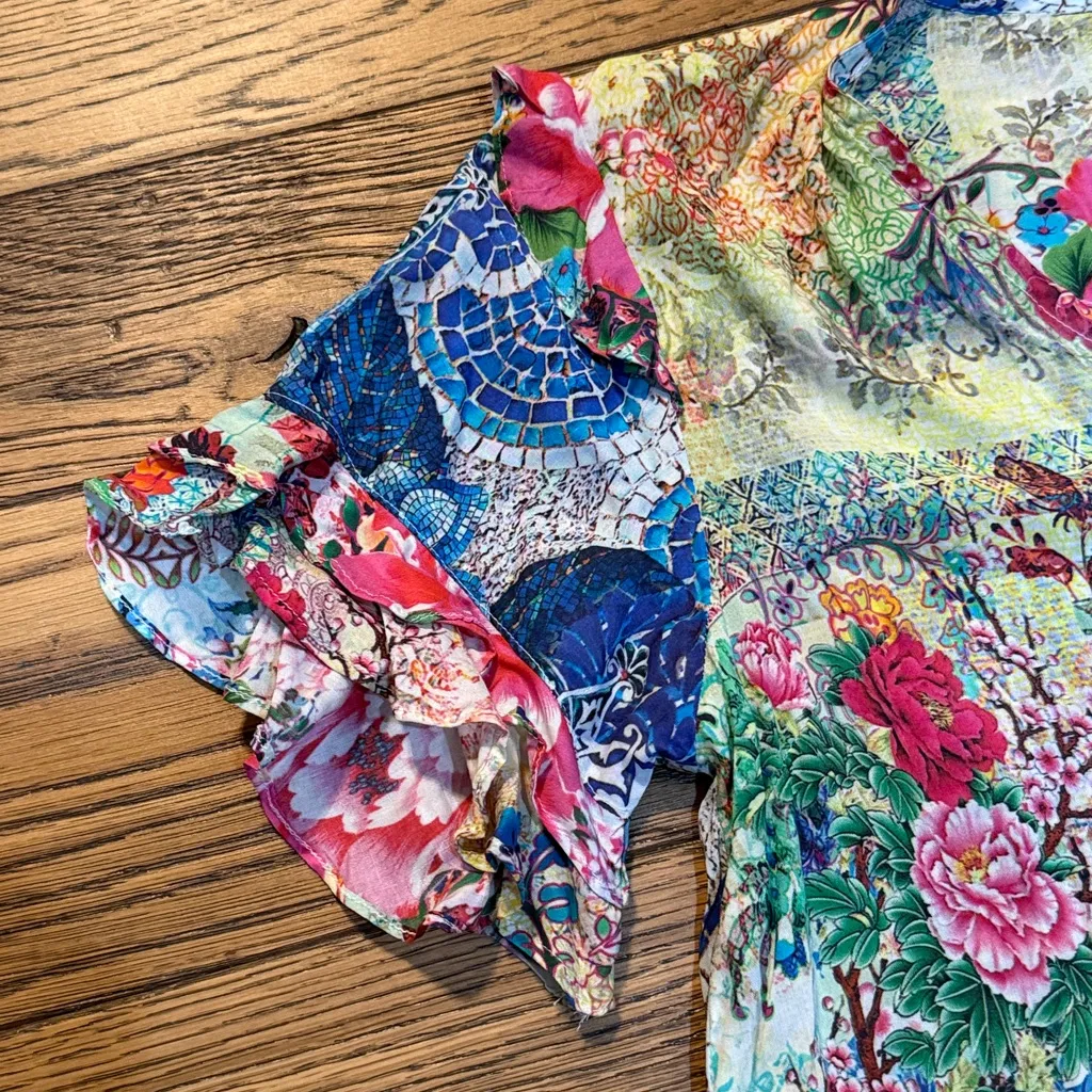 Lulalife Patchwork Floral Shirt Dress Size Medium Blue - Image 3