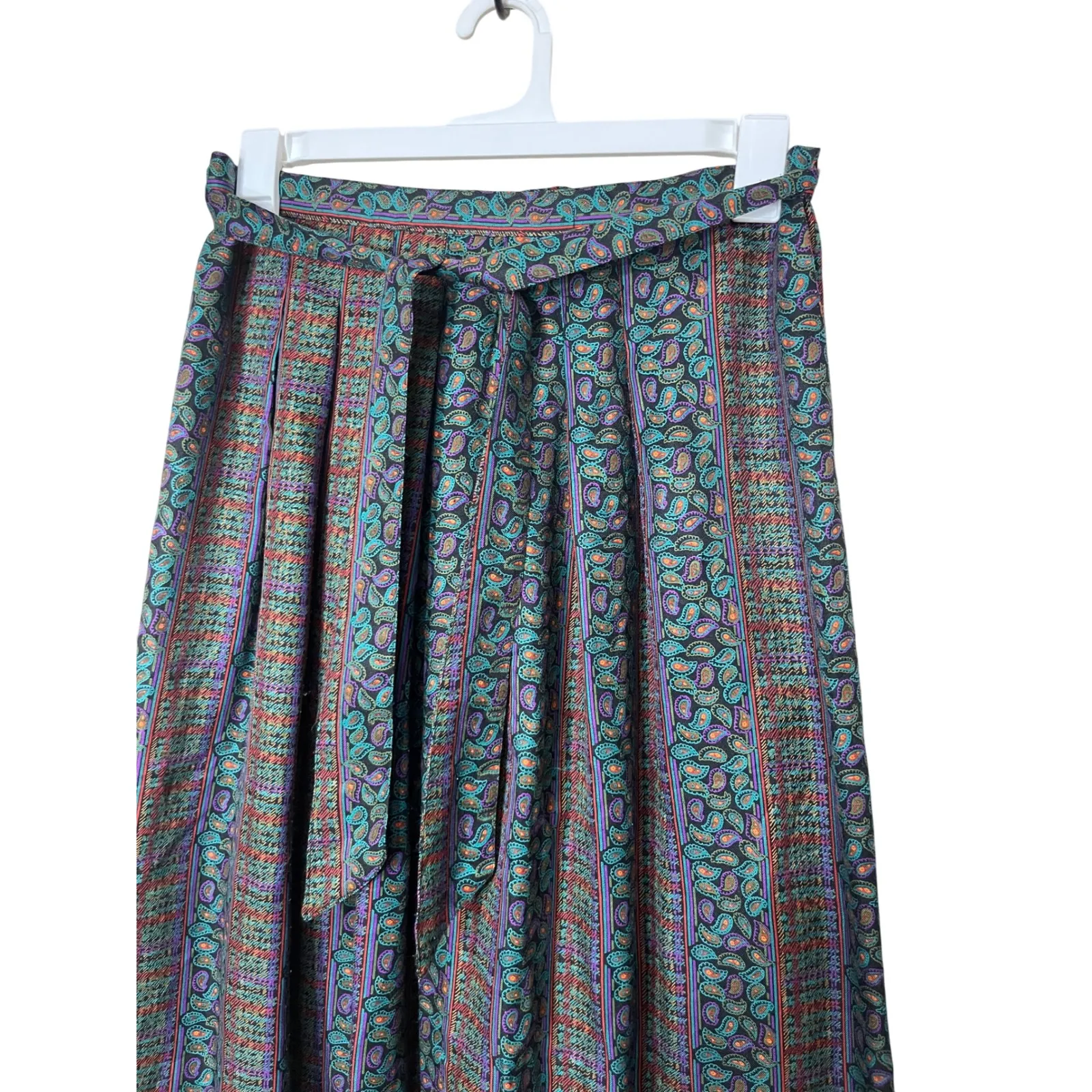 Vintage More Century Paisley Print Midi Skirt Pleated Bohemian Style Green Size L - Image 2