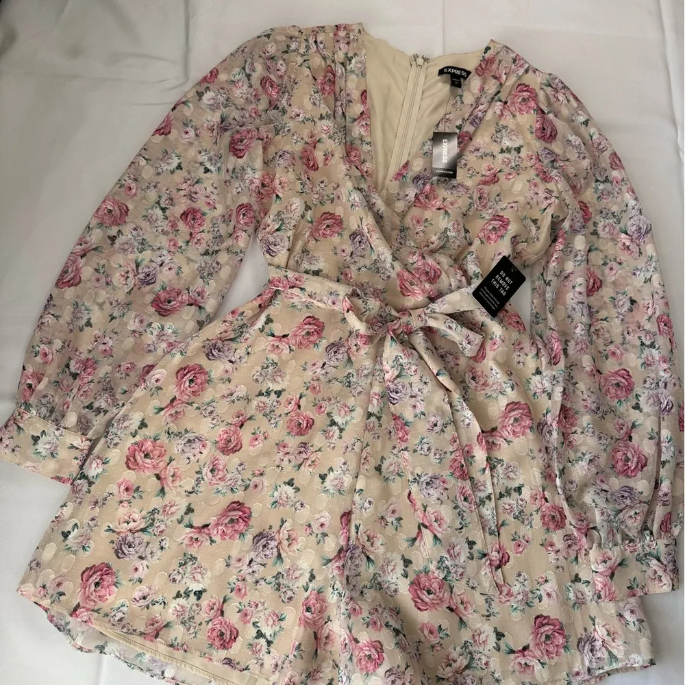 Express Floral Wrap Jumpsuit - Pink and Cream - Image 4