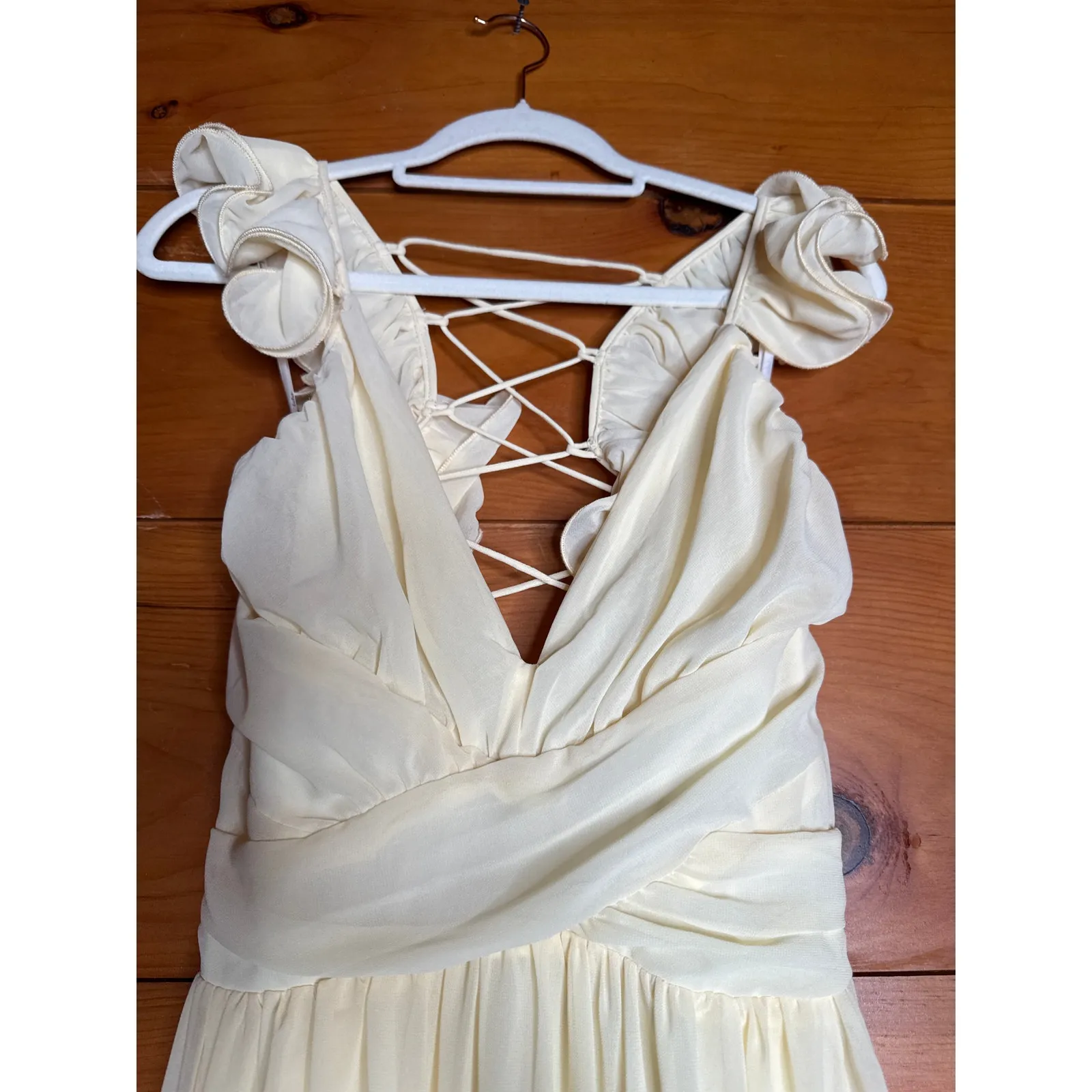 NWT Lulus Soiree Celebration Light Yellow Ruffled Lace-Up Maxi Dress Tiered Sz L - Image 4