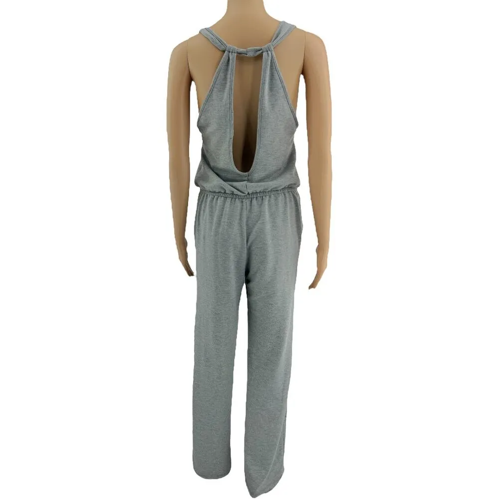 Make the Princess Laugh MEDIUM Gray Racerback Stretchy Knit Roll Cuff Jumpsuit - Image 3