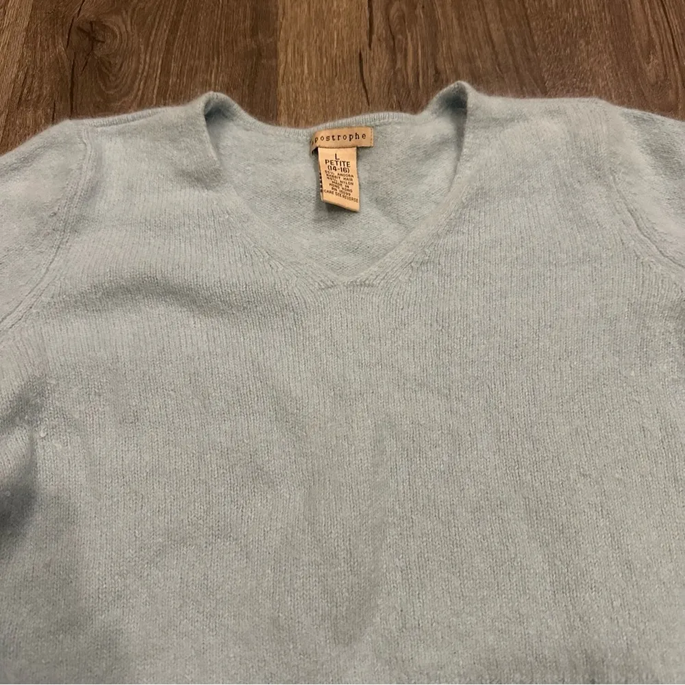 Apostrophe Womens Sweater Angora Rabbit Fur Blue V Neck Large Petite Soft Fuzzy - Image 4