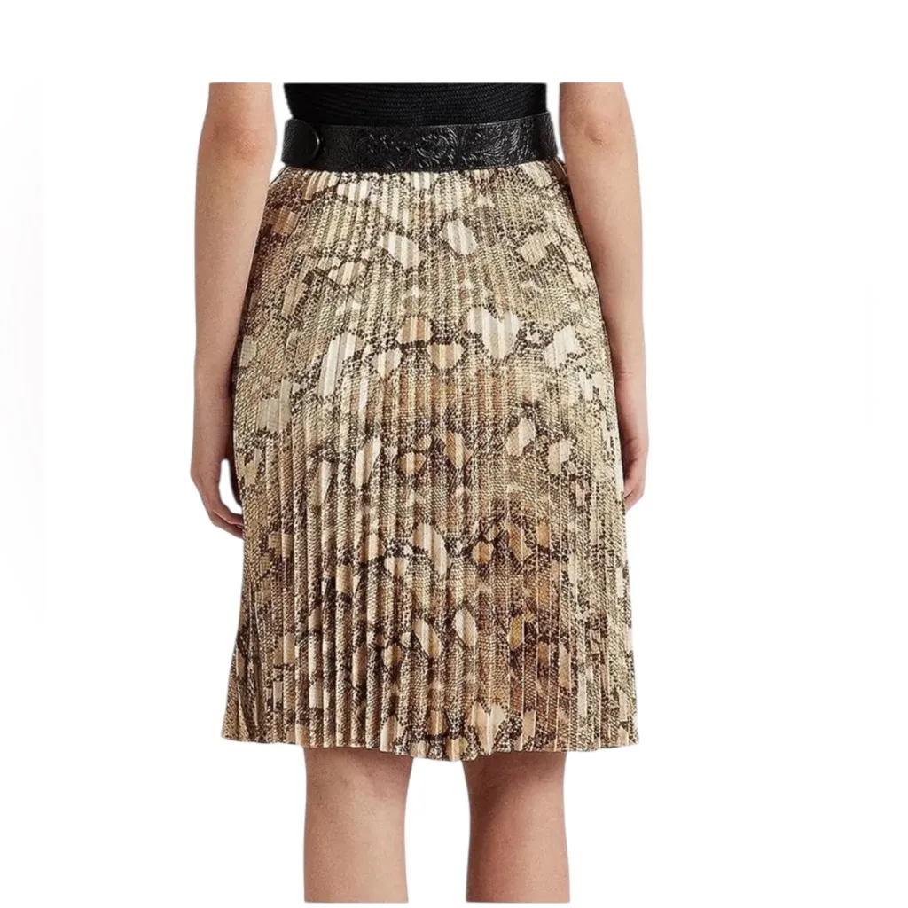 Lauren Ralph Lauren 6 Skirt Pleated Snake Animal Print Satin Charmeuse NWT Brown - Image 6