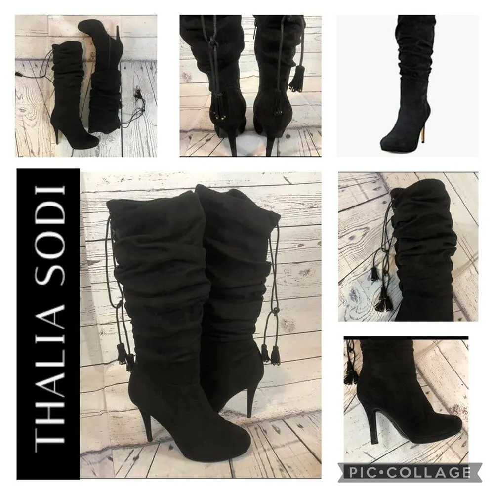 Thalia Sodi Brisaf Fabric knee high Slouchy Heel boots with tassels black size 9 - Image 11