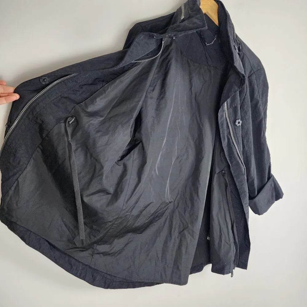 Black Hooded Trench Coat Lightweight Zip up Jacket Windbreaker Roll - Image 4