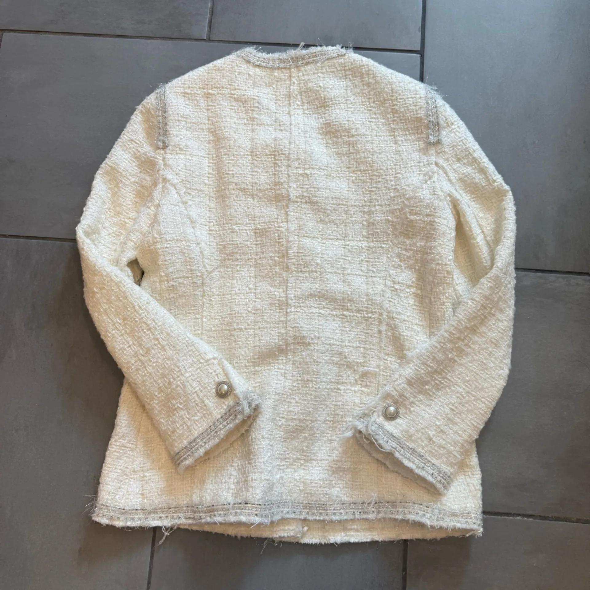 Zara Fantasy White and Silver Trim Tweed Button Up Jacket - Image 3