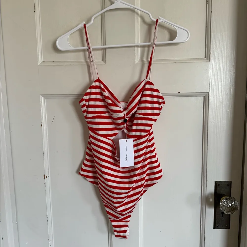 NWT Lovers + Friends red & white striped swimsuit size small - Image 2