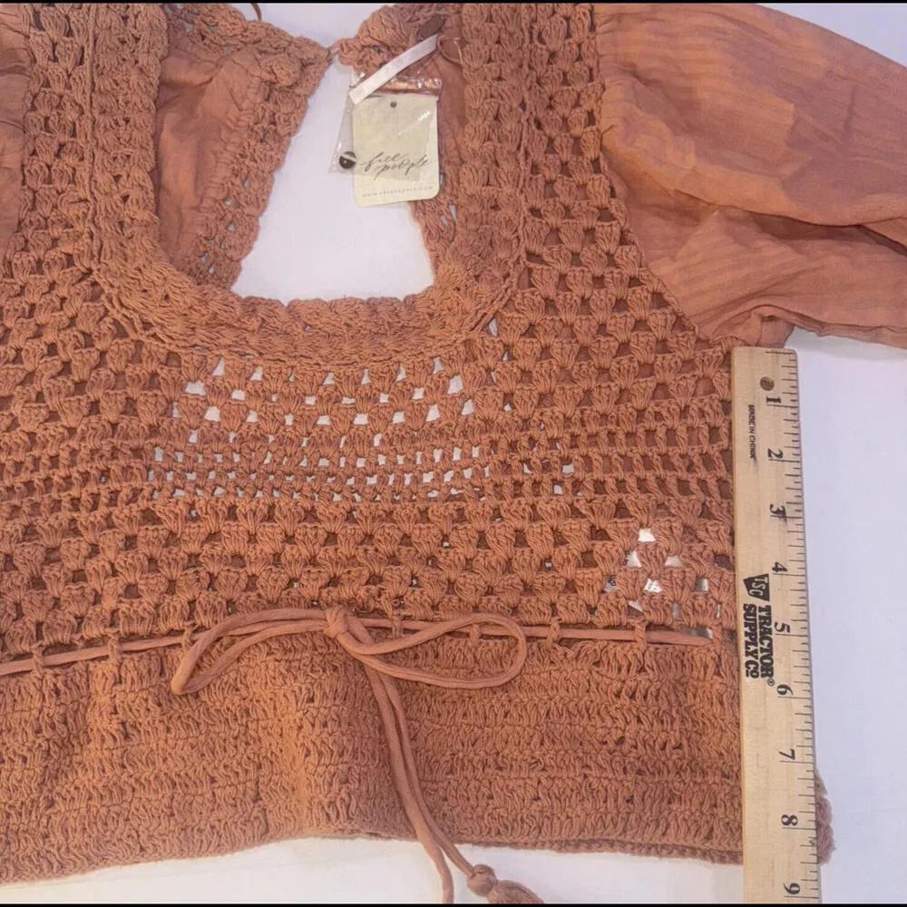 Free People Mini Crop Babydoll Peasant Boho Long Sleeve Crochet Burnt Orange Top - Image 9