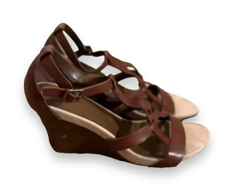 Kenneth Cole Reaction Cedar Brown Leather Strappy High Heel Wedges Sz 8.5 - Image 1