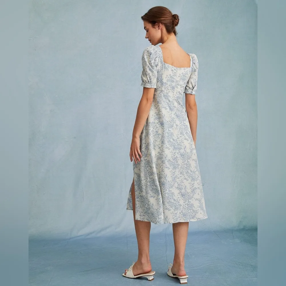 RIHOAS The Blue Sweetheart Neck Puff Sleeve Floral Midi Dress - Image 3