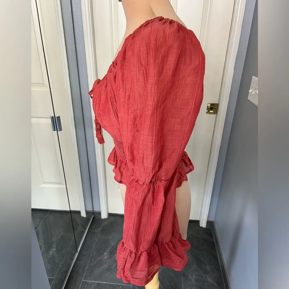 Hint of Blush Crop Peasant Flare Ruffle‎ Sleeve Boho Top - Image 5