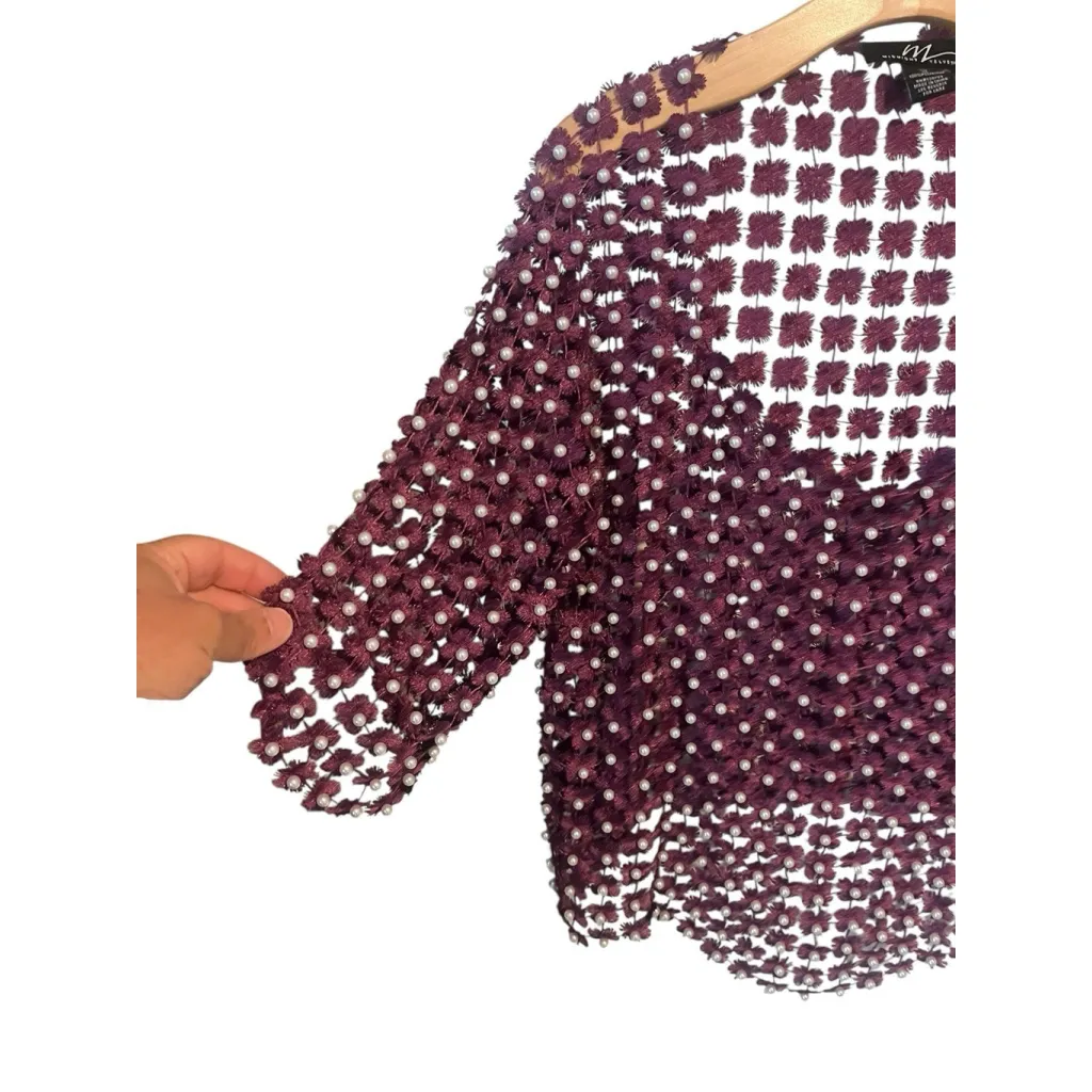 Midnight Velvet Open Knit Top Womens Size XL Purple Pearl Embellished 1/2 Sleeve - Image 2
