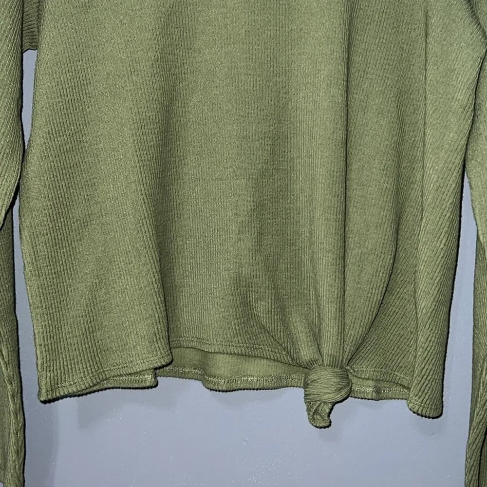 Madewell size large lusterweave crop shirt long sleeve tie front ribbed green - Image 3