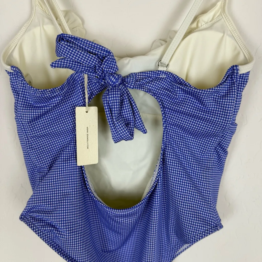 SEAMOLLY VINTAGE GINGHAM SPLICED RUCHED RUFFLES RETRO CHIC ONE-PIECE SWIMSUIT - Image 8