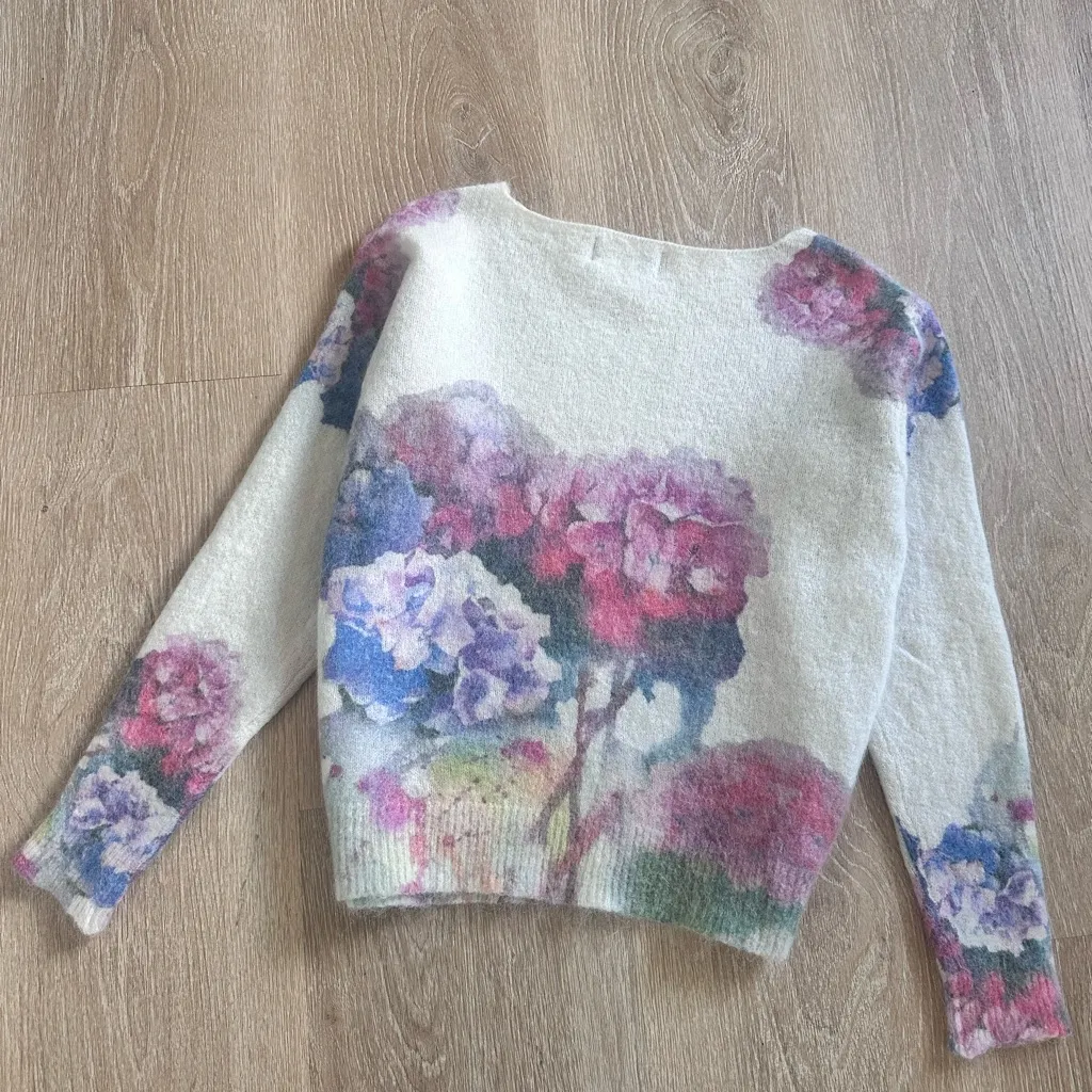 Italian Floral Mohair Wool Blend Chic Sweater, Lightweight Crewneck Size XS/S - Image 13