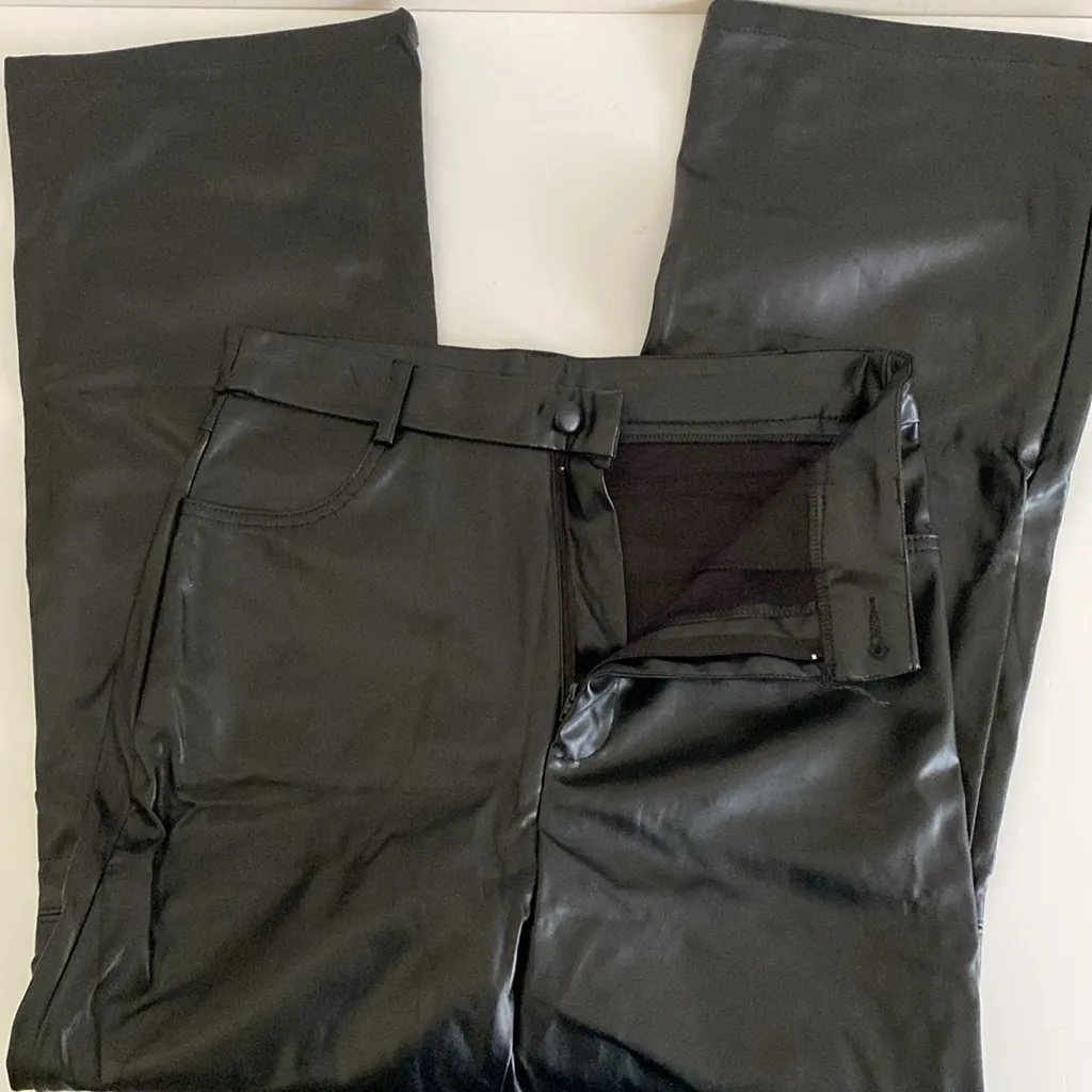 Women’s pleather pants black boot cut size Medium 28” faux leather sexy - Image 2