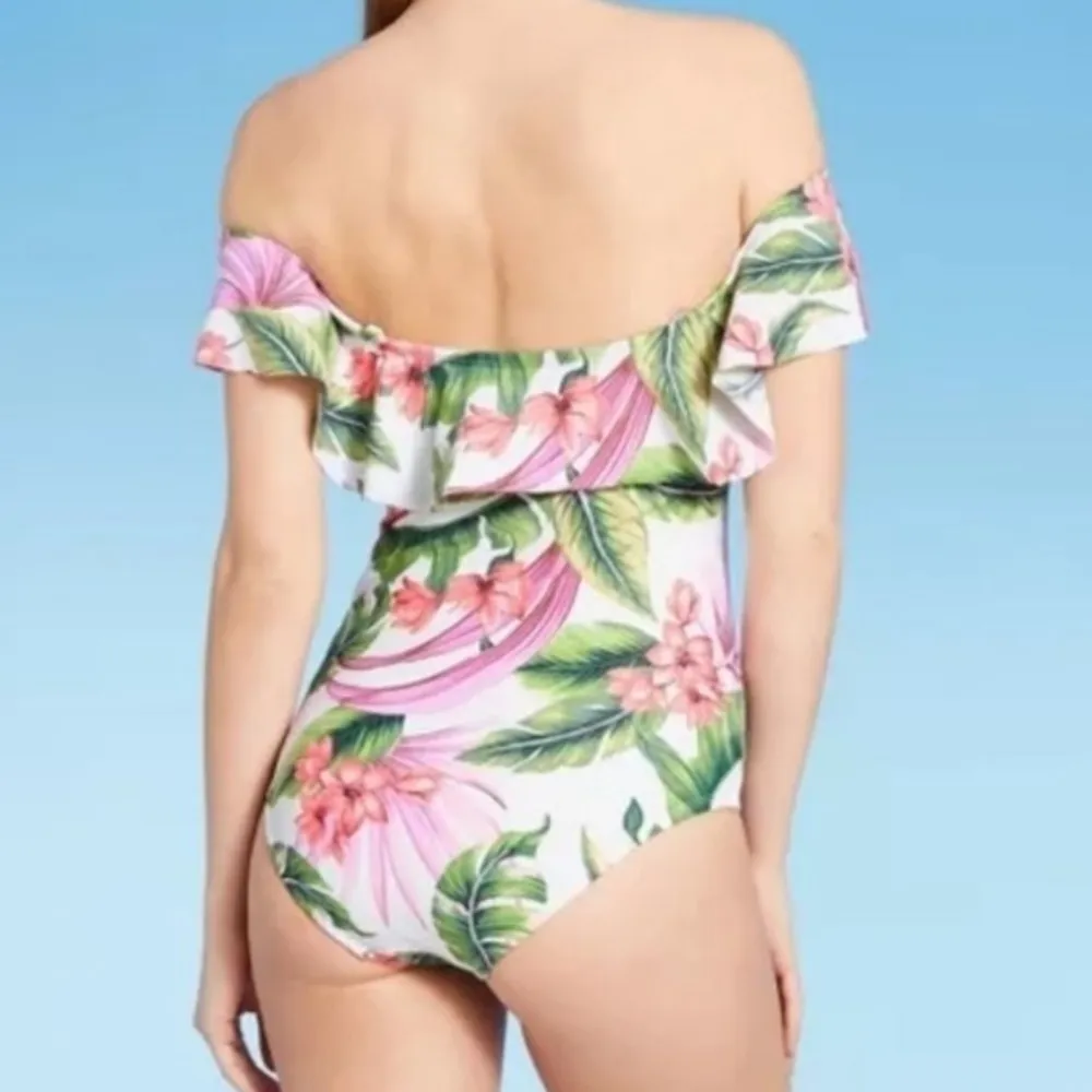 Kona Sol swimsuit‎ Off Shoulder Flounce High Coverage One Piece Tropical - Image 9