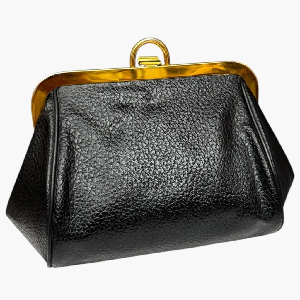 Vintage Black Leather Frame Clutch Gold Tone Handle 1950s Unique Steampunk - Image 4