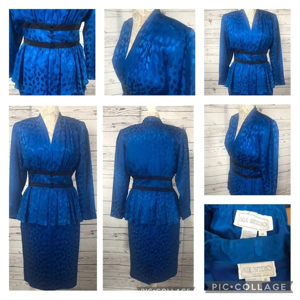 Vintage Silk Studio Blue & Black polkadot fitted waist top & skirt size 12 - Image 3