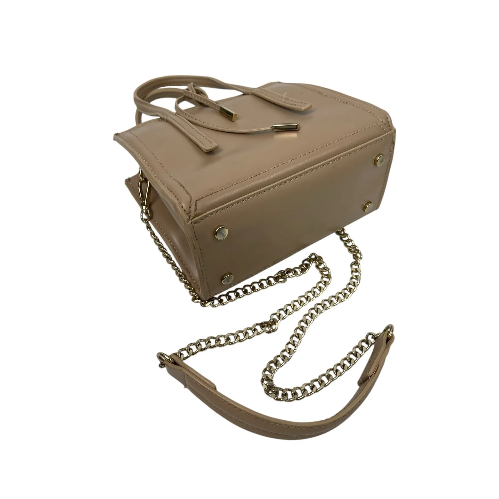 Zara Mini City Beige Faux Leather Vegan Chain Crossbody Bowling Satchel Bag - Image 4