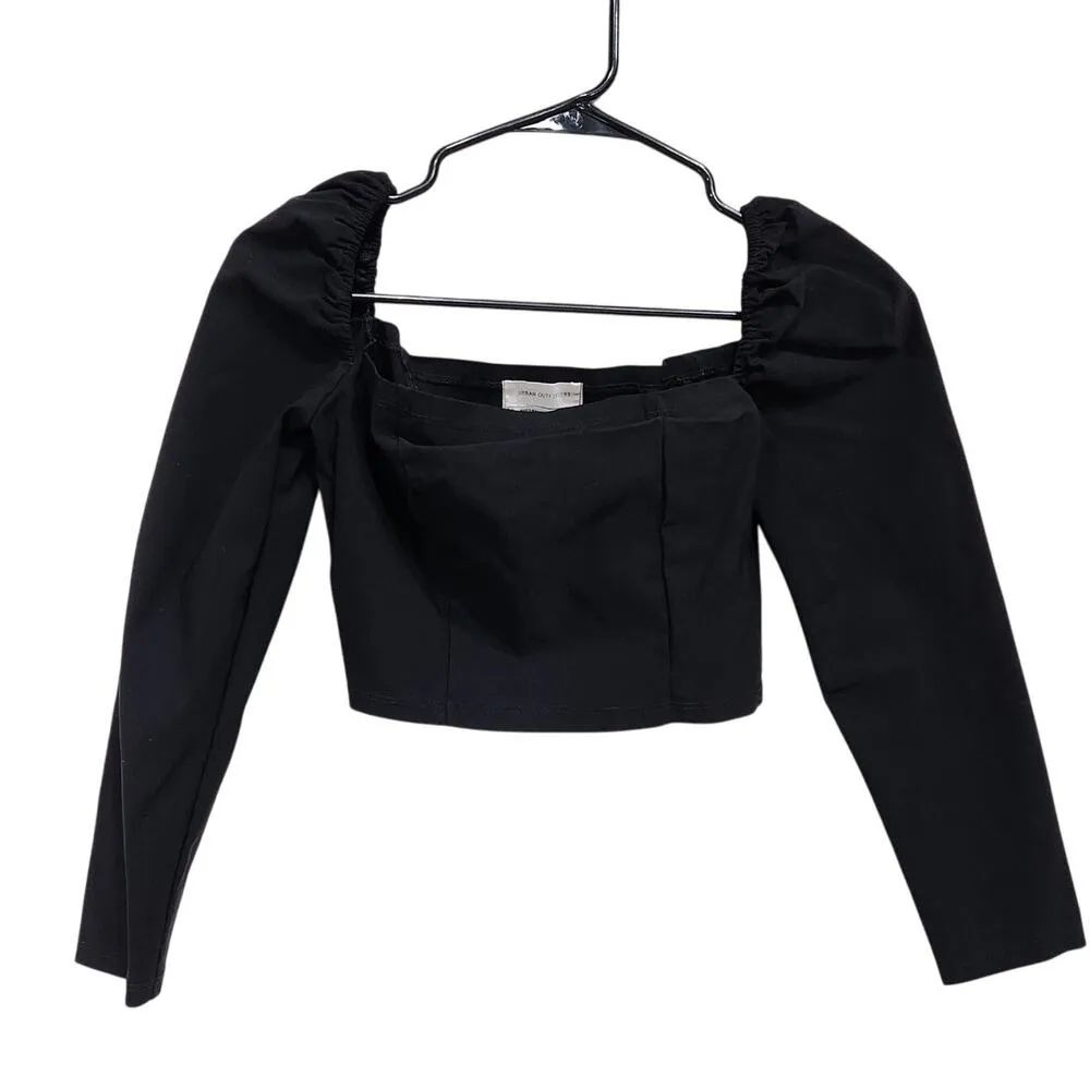 Urban Outfitters Bengaline Square Neck Cropped Top 3/4 Sleeve Black Size Small - Image 2