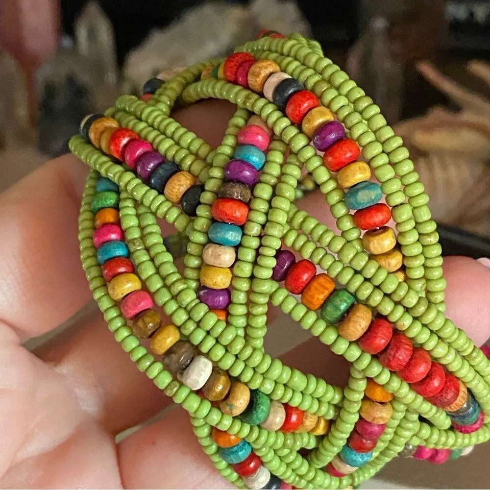 Multi Color Glass Bead & Wooden Beaded Cuff Bracelet
Adjustable - Image 3