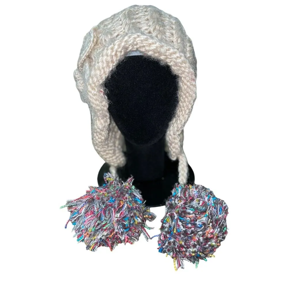 Cute Winter Beanie Pom Pom Tie Used Womens One Size - Image 4