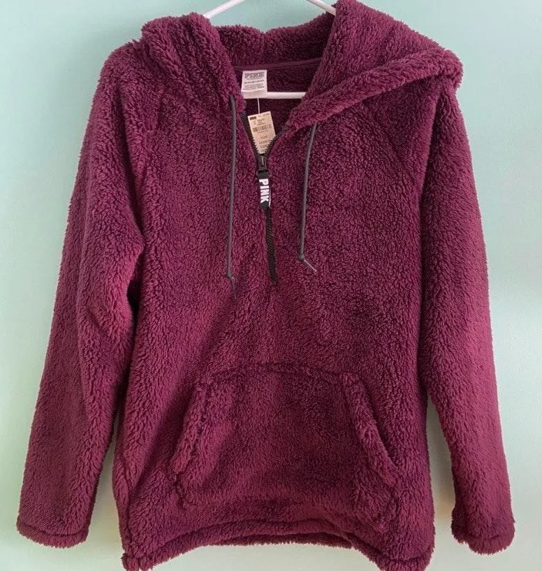 PINK Maroon Fuzzy Sherpa Pullover Hoodie - Image 2