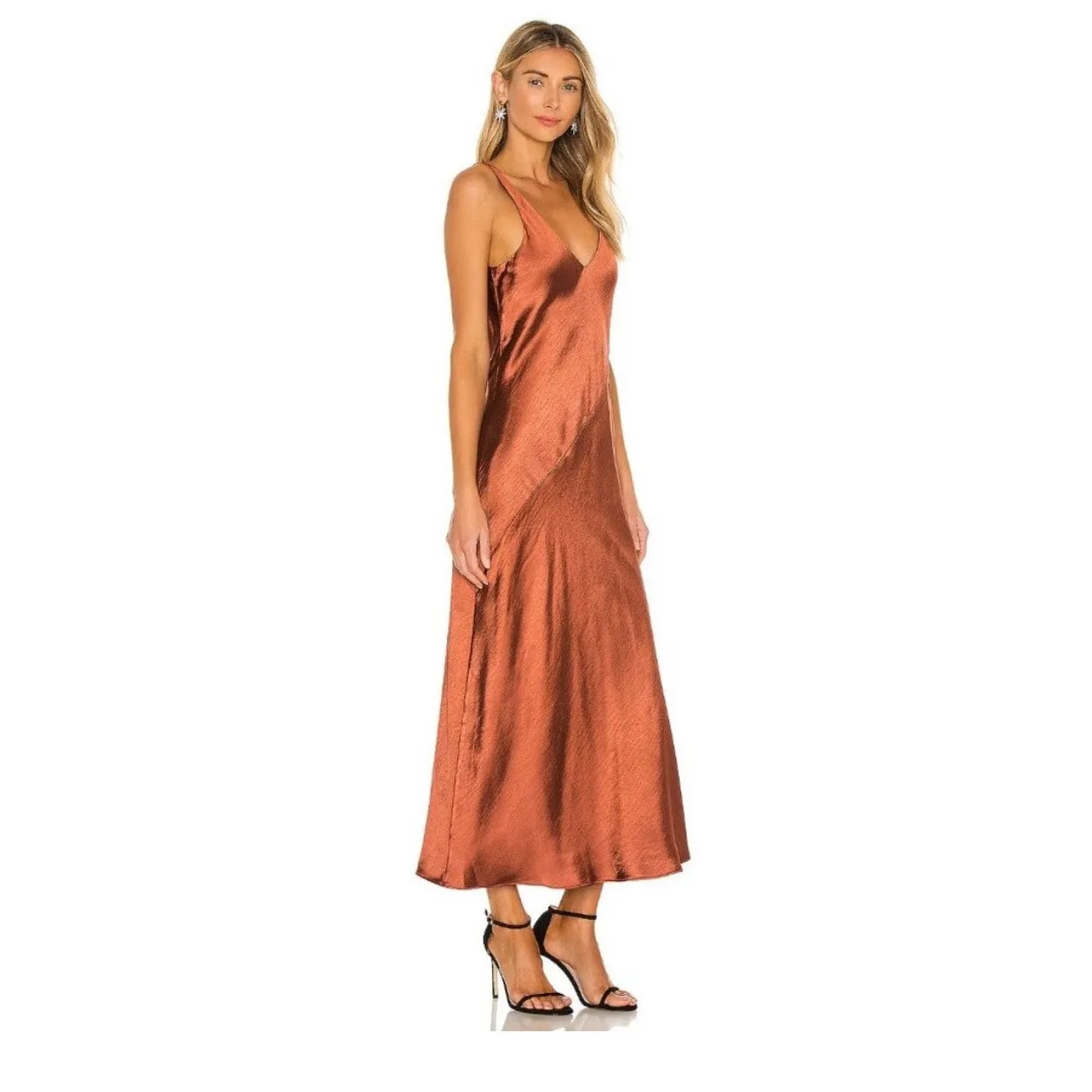 Anthropologie Line + Dot Loulou Satin Slip Midi Dress Medium Rust Quiet Luxury - Image 9