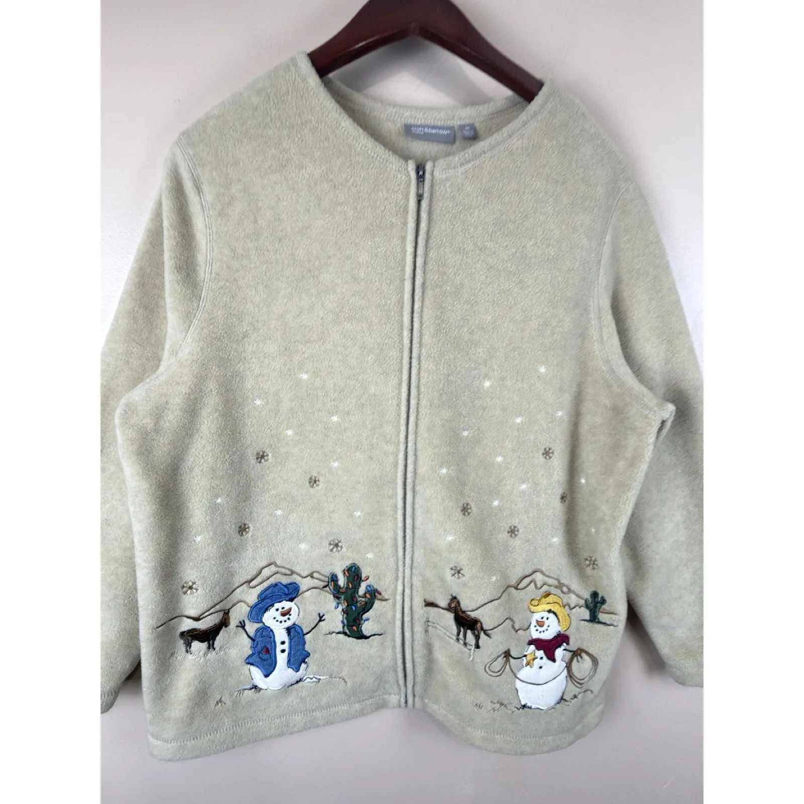 Croft & Barrow Fleece Full Zip Cardigan Snowmen and Horses Women’s Size 1X Tan - Image 2