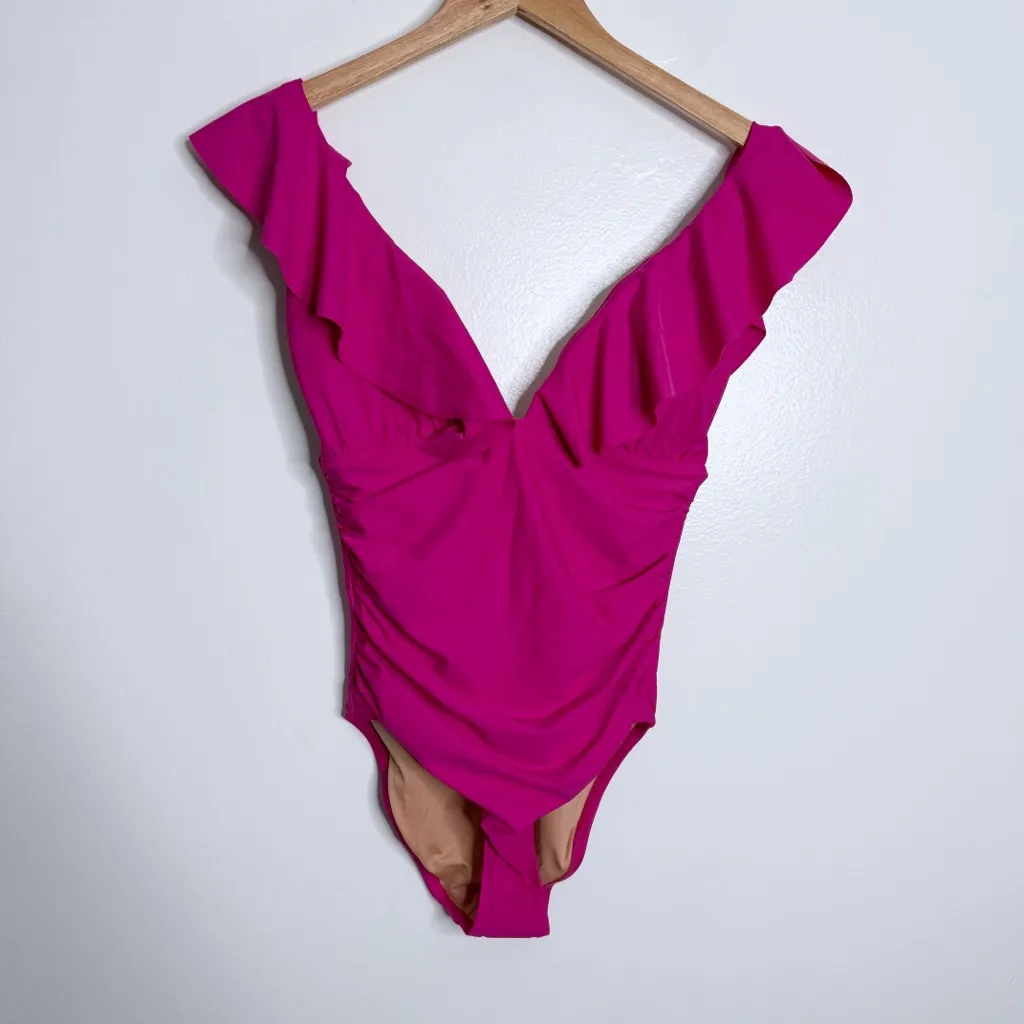 NWT J.Crew Radiant Fuchsia‎ Pink Ruched
Ruffle One-Piece Swimsuit Size 8 - Image 2