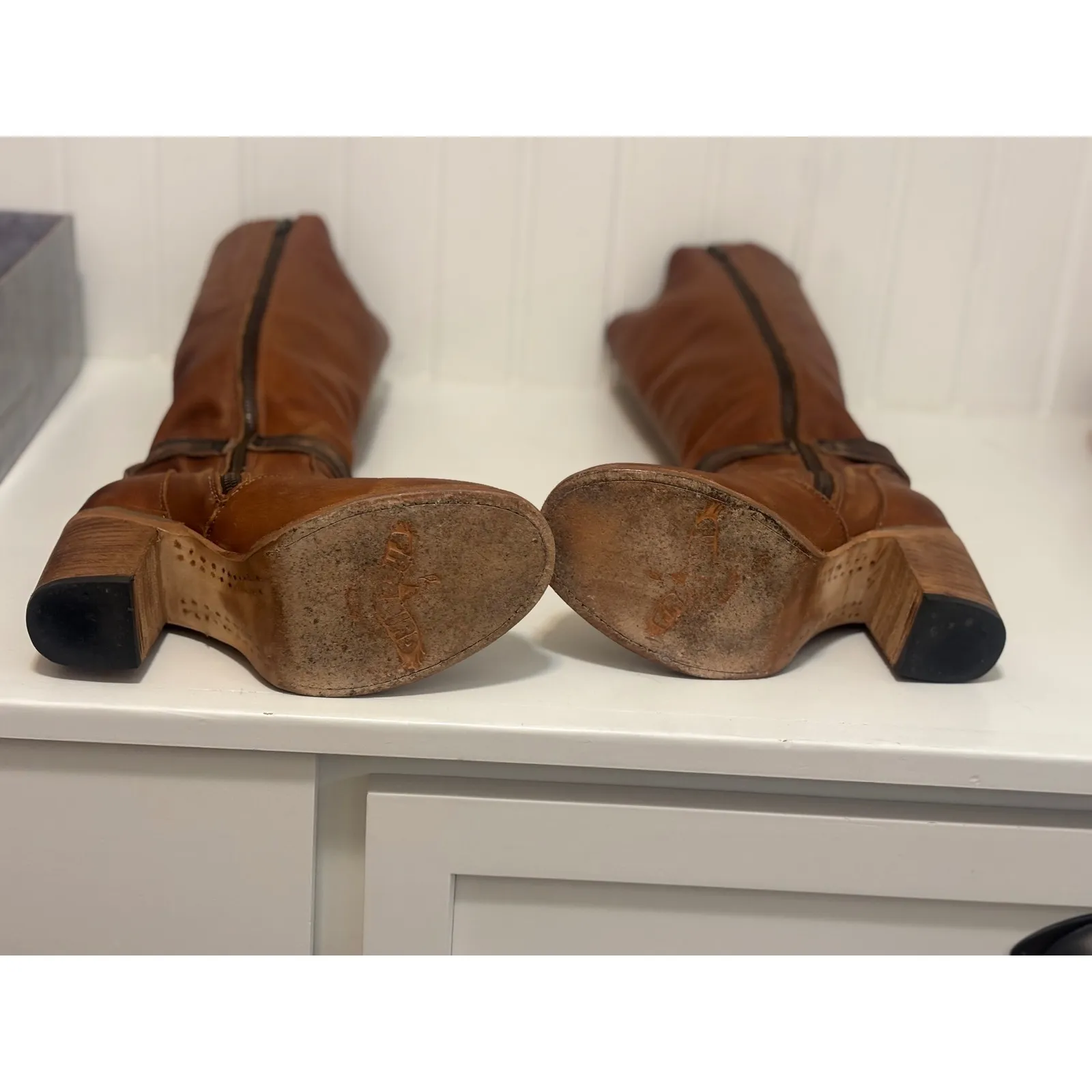 Freebird By Steven Holland Tan Leather Tall Boots Buckle Side Zip Block Heel - Image 5