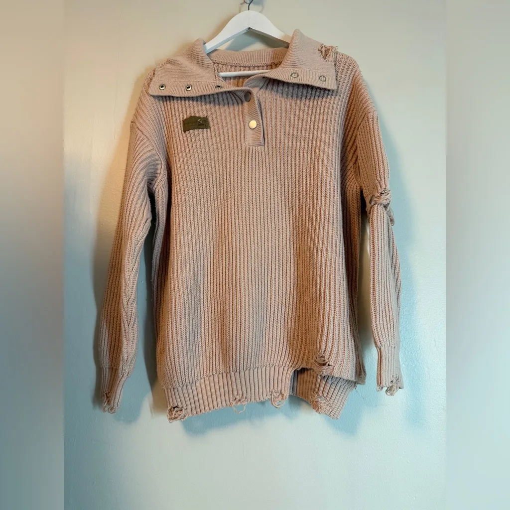 Tuan Chuang Distressed Knit Sweater Women’s Ribbed Snap Collar Oversized Medium Pink - Image 8