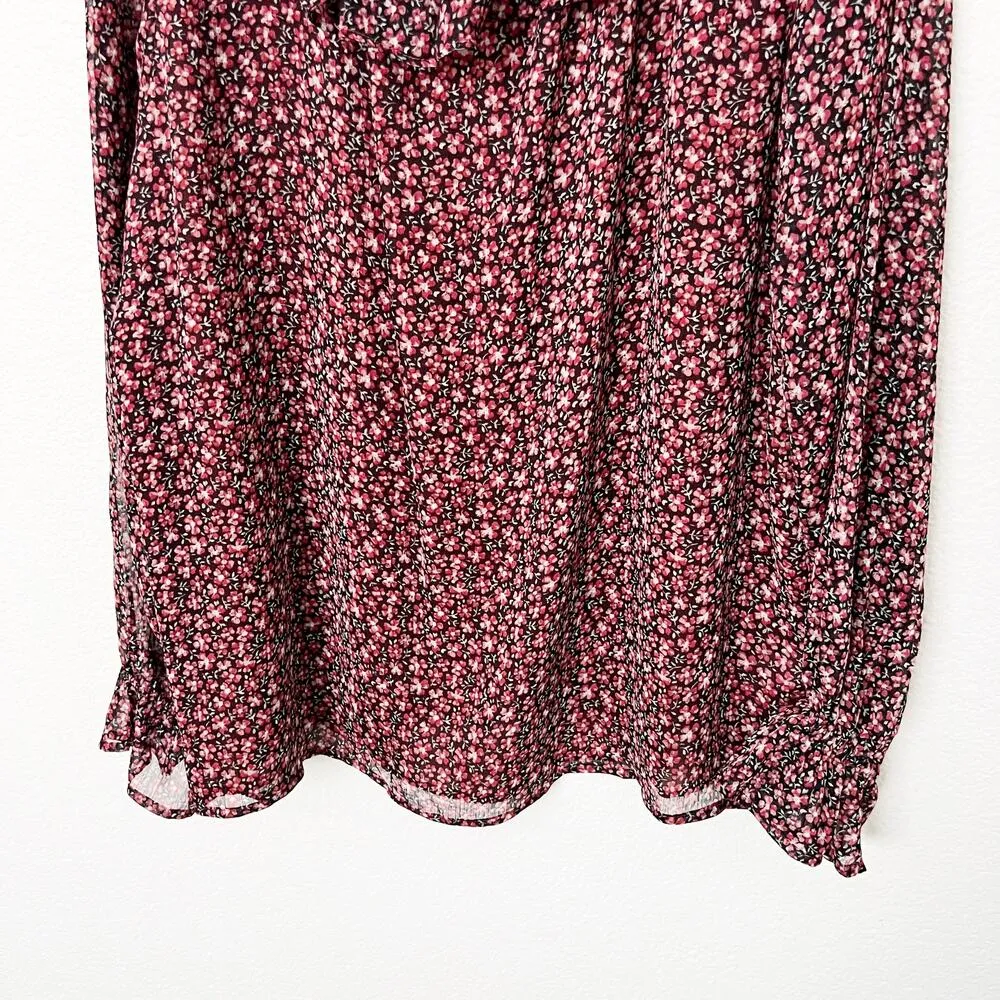 [LOFT] Red Black Floral Print Ruffle Neck Long Sleeve V-Neck Blouse Size Large L - Image 6