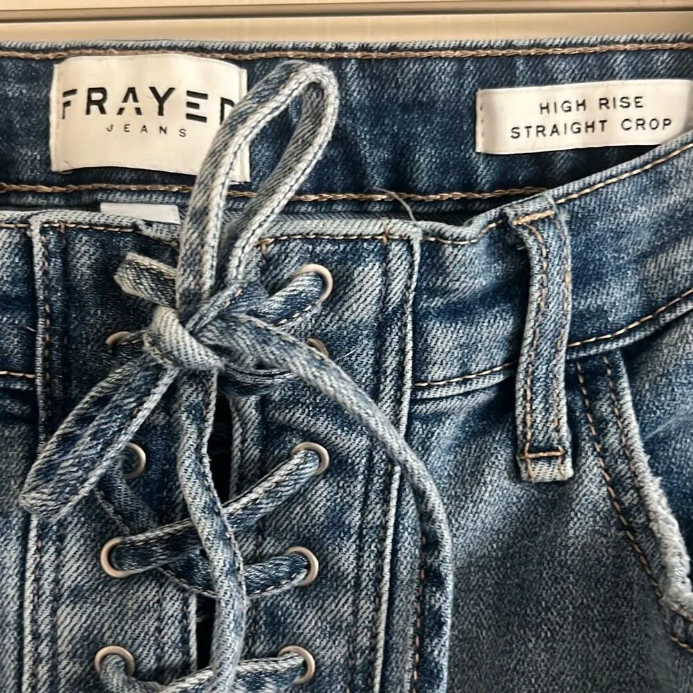 ✨Frayed Jeans High Rise Lace Up Straight Crop Sz 8/29 Jeans✨ Blue - Image 4