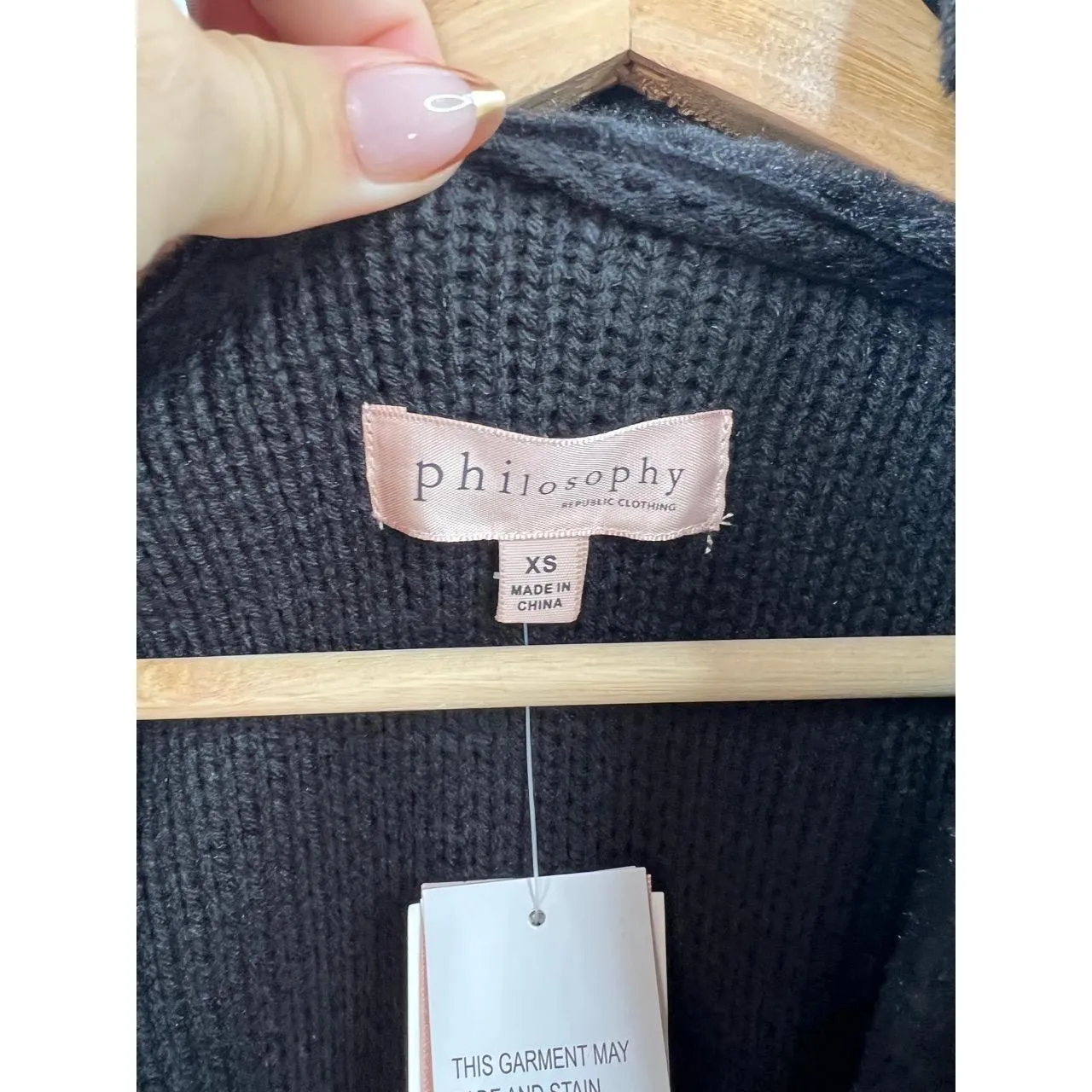 Philosophy Jacket Size XS Black Draped Open Front Faux Fur Collar Knit Chic - Image 6