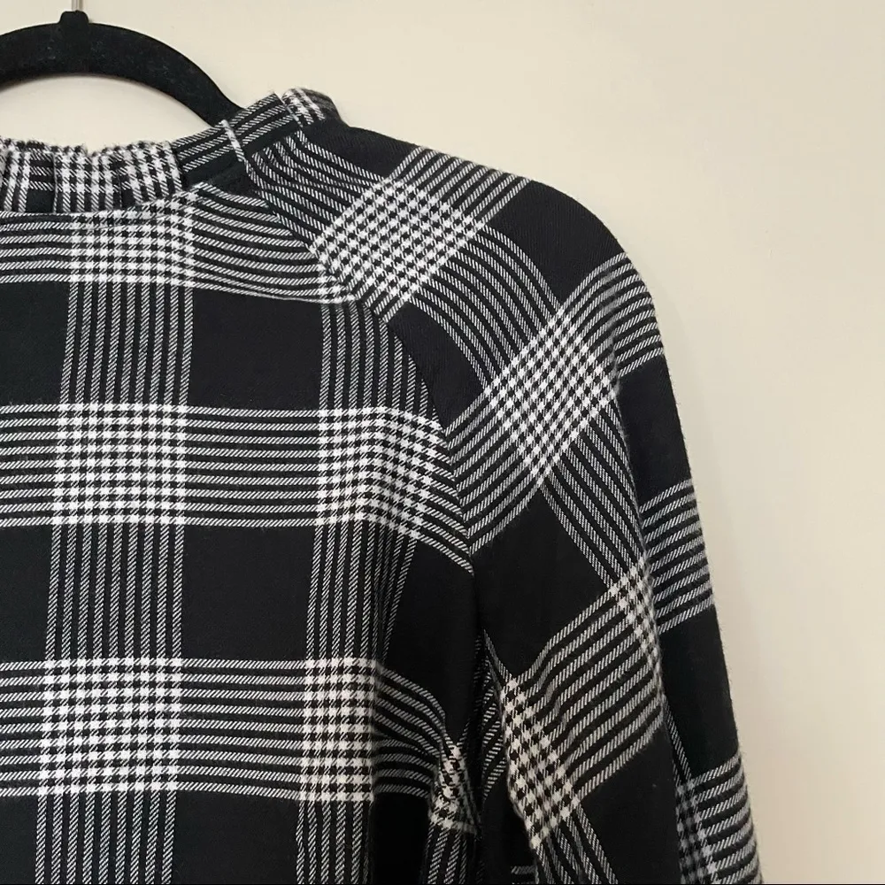 Black and White Plaid Pleated Ruffle Neck Blouse - Image 4