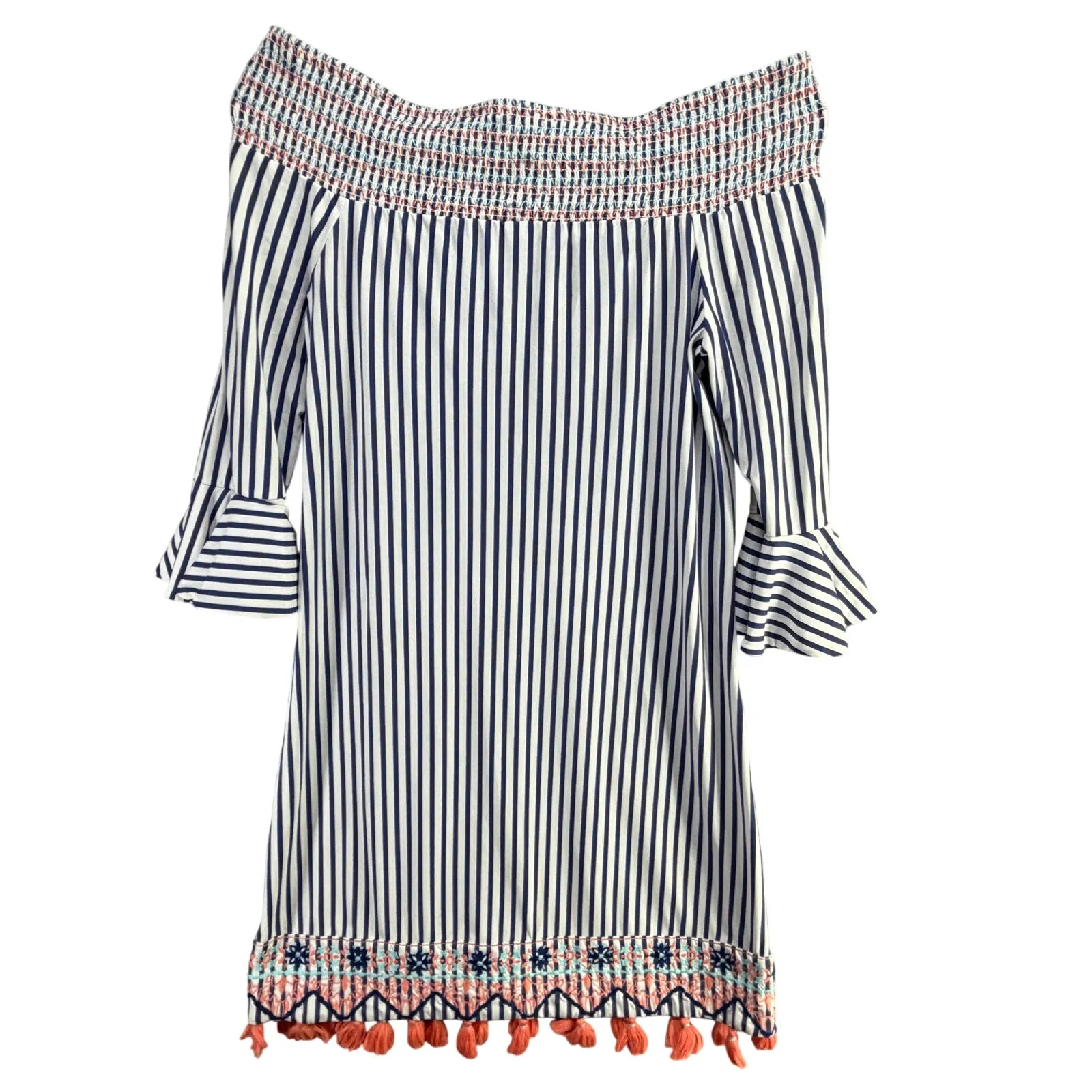 Cabana Life St Barts Off the Shoulder Dress Womens S Blue White Striped Beach - Image 2
