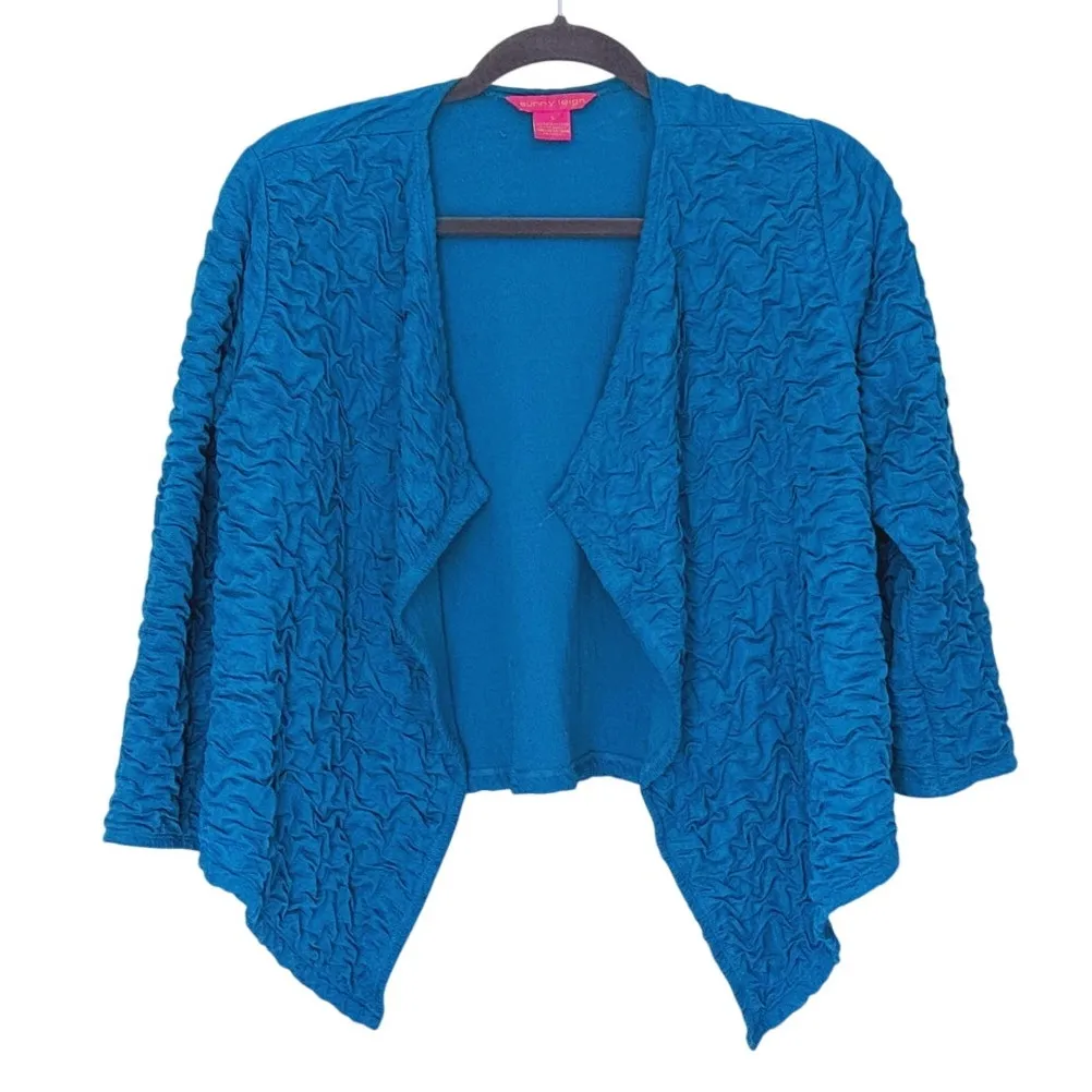 Sunny Leigh 1970s Textured Waterfall Cropped Cardigan Small Teal Boho Indie Twee - Image 2
