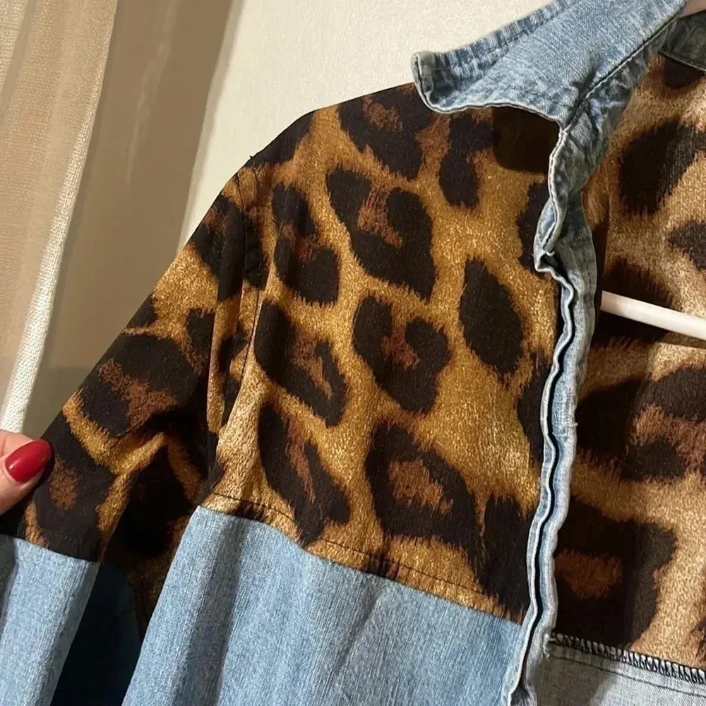 Washed Denim Button Down Shirt with Leopard Cheetah Contrast Blue - Image 10